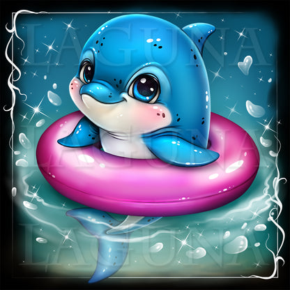 Cartoon dolphin with a pink swimming ring