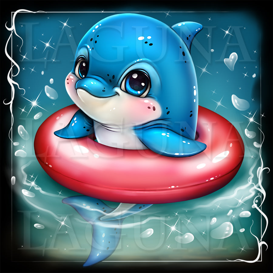 Cartoon dolphin with a red swimming ring with sparkling effects