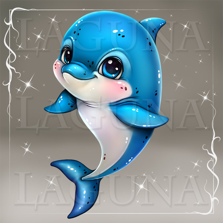 Cartoon dolphin with sparkling effects on a gray background