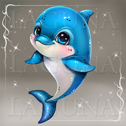 Cartoon dolphin with sparkling effects on a gray background