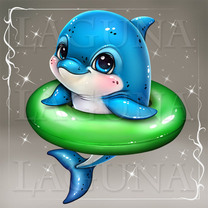 Cartoon blue dolphin on a green ring.
