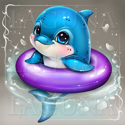 Cartoon blue dolphin on a purple life buoy with sparkling effects