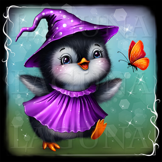 Cartoon penguin in a purple witch costume with a butterfly on a decorative background