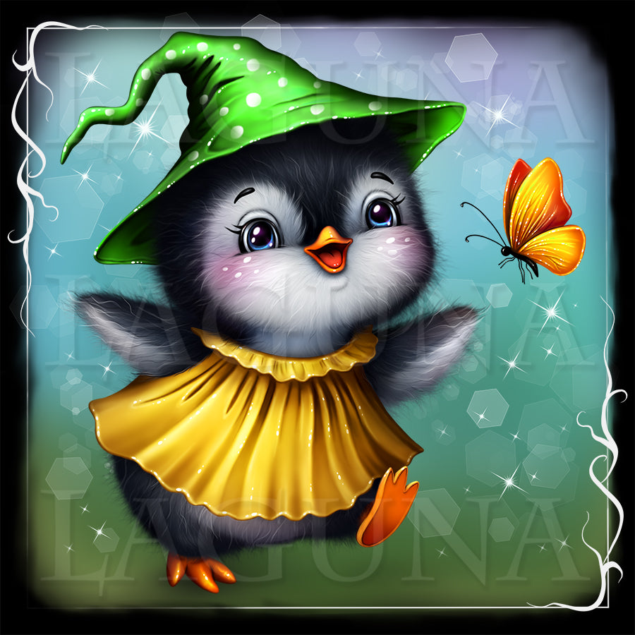 Kawaii cartoon penguin in a green hat and yellow dress with a butterfly