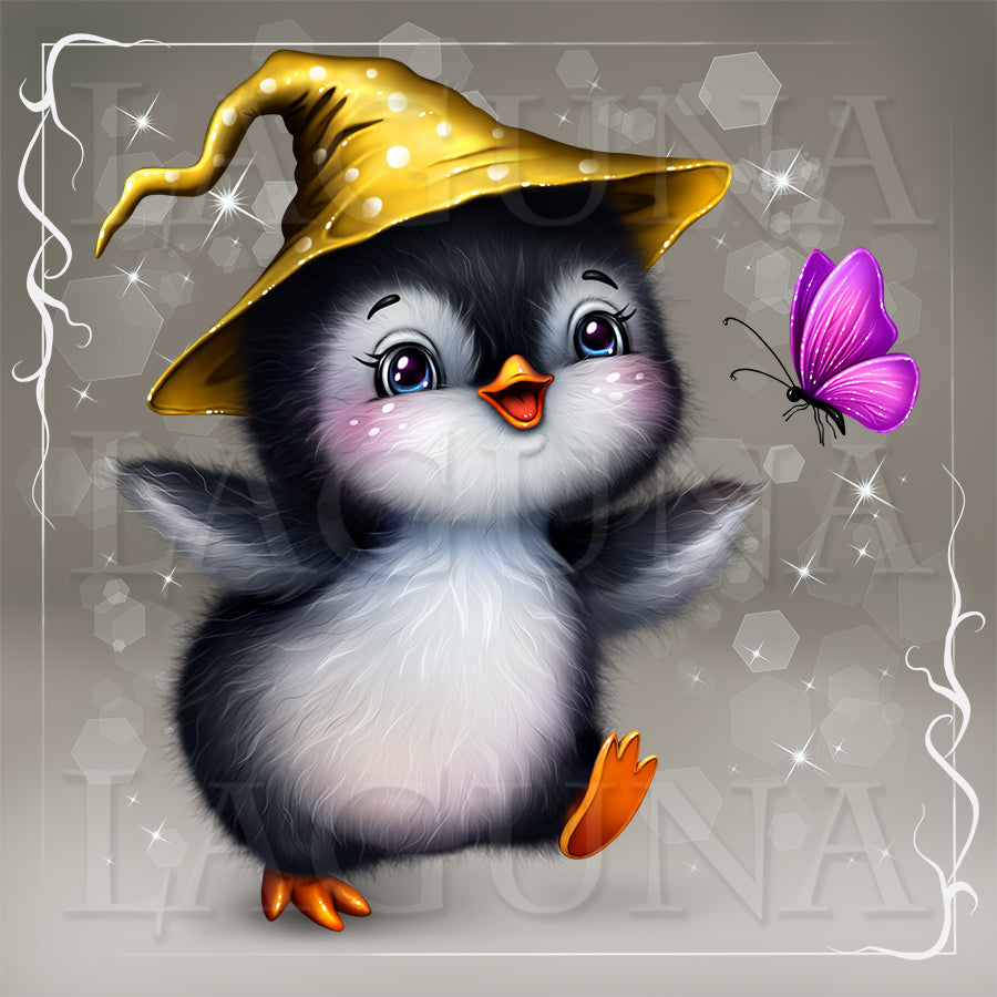 Cute baby penguin wearing a yellow witch hat with a purple butterfly.