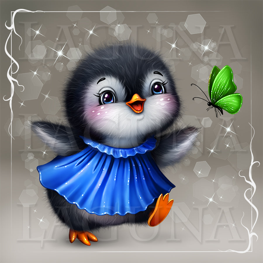 Cartoon baby penguin in a blue dress with a butterfly.