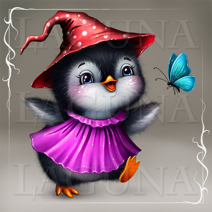 Digital illustration of a cartoon penguin in a red witch hat and purple dress with a blue butterfly.