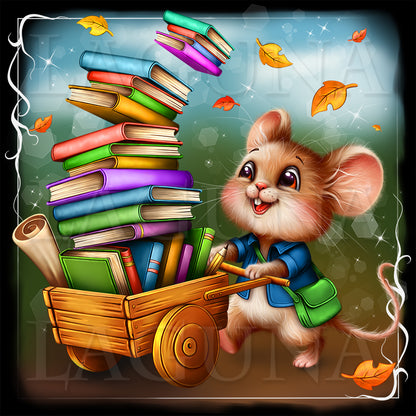 A whimsical cartoon illustration of a small brown mouse pushing a wooden cart loaded with colorful books, with falling autumn leaves and sparkles in the background.