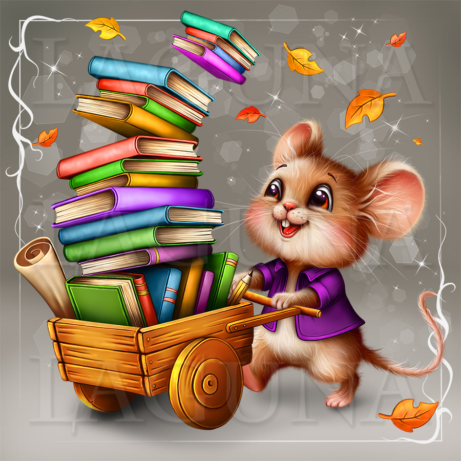 A cartoon mouse in a purple shirt pushes a wooden cart loaded with colorful books, with falling autumn leaves and sparkles on a gray background.