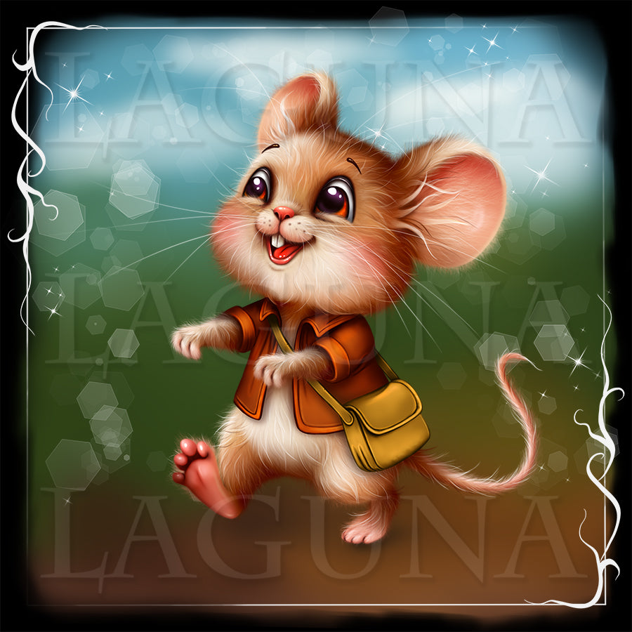A stylized digital illustration of a small cartoon mouse wearing an orange-brown jacket and a yellow bag, set against a soft green and blue background with decorative sparkles and a dark border.