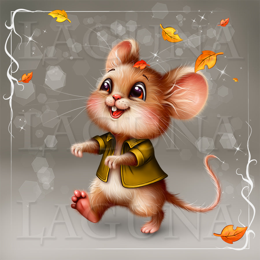 A stylized cartoon mouse wearing a mustard yellow jacket, shown mid-step against a gray background with floating orange leaves and sparkles. The mouse has large expressive eyes, and a playful expression.