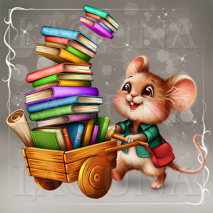 A whimsical illustration of a small brown mouse pushing a wooden cart loaded with colorful books. The mouse wears a green shirt and red bag, with books floating above the cart against a gray background with a decorative white border.