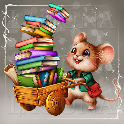 A whimsical illustration of a small brown mouse pushing a wooden cart loaded with colorful books. The mouse wears a green shirt and red bag, with books floating above the cart against a gray background with a decorative white border.