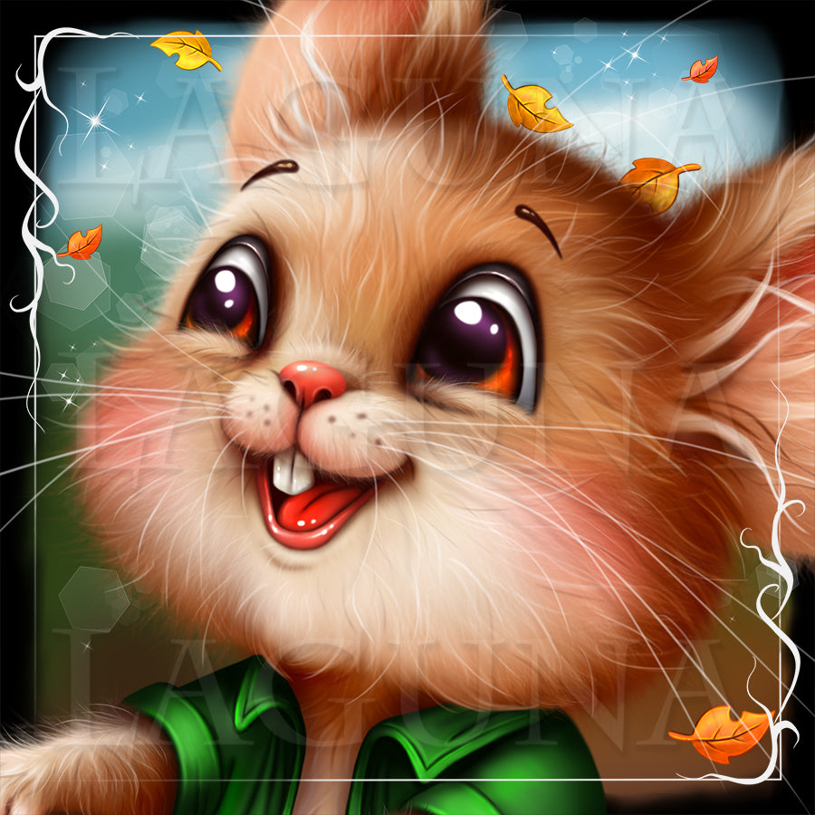 A close up of a fluffy light brown mouse  with large expressive eyes, a pink nose, and a green shirt, surrounded by falling autumn leaves and a decorative white border.