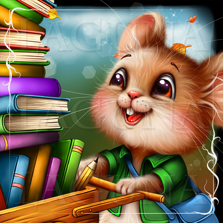 A colorful cartoon illustration of a fluffy cream-colored mouse wearing a green shirt and blue backpack, smiling while holding pencils next to a tall stack of books.