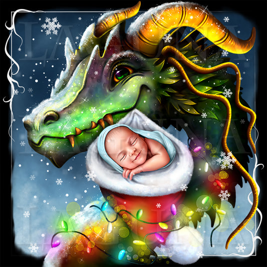 Christmas Dragon and Baby in Santa's Hat
