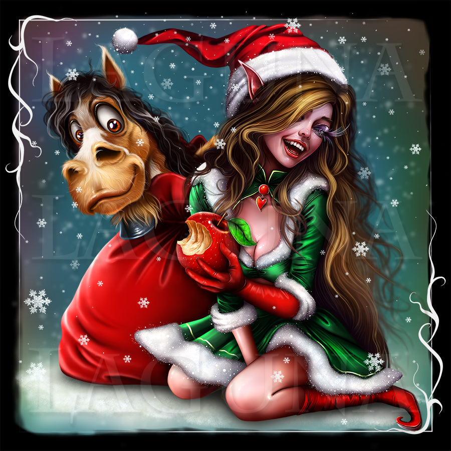 Christmas Elf Girl and Horse in Bag