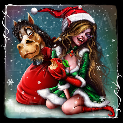 Christmas Elf Girl and Horse in Bag
