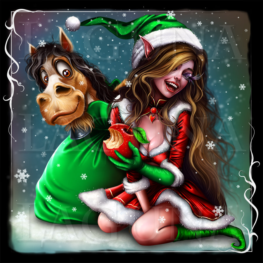 Christmas Elf Girl and Horse in Bag