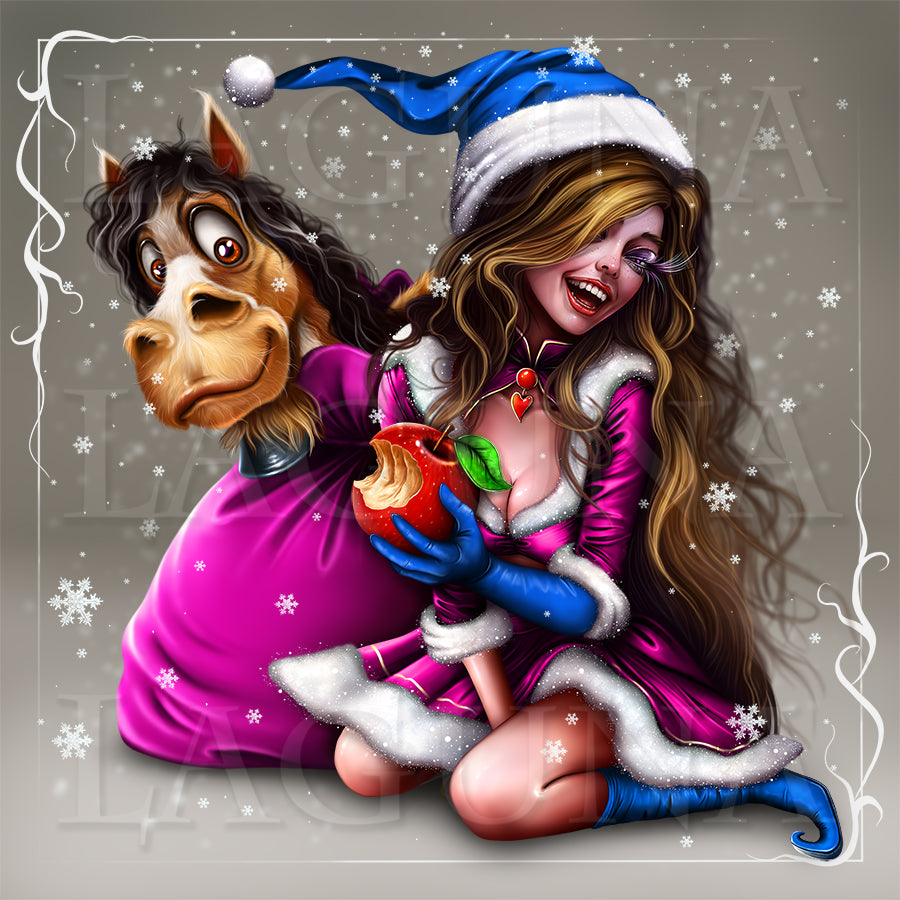 Christmas Elf Girl and Horse in Bag