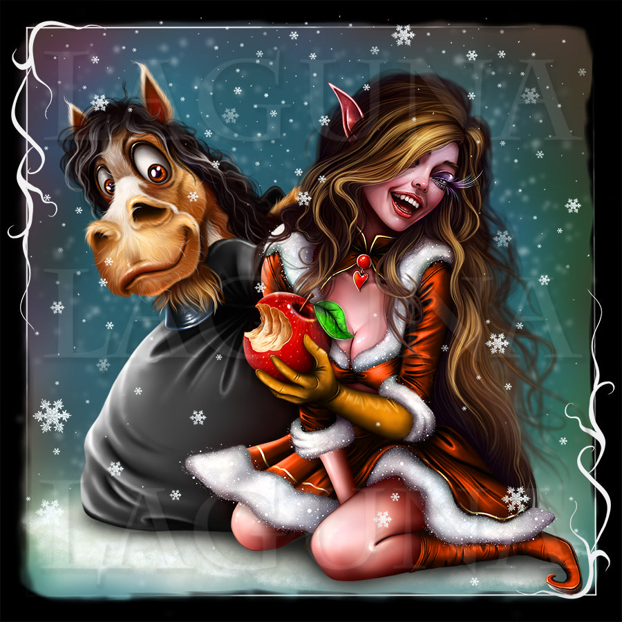 Christmas Elf Girl and Horse in Bag