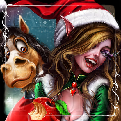 Christmas Elf Girl and Horse in Bag