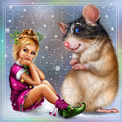 Christmas Elf Girl and Mouse