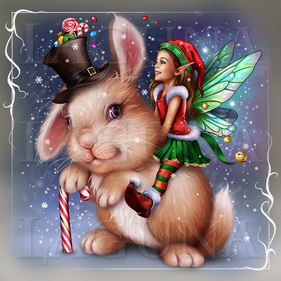 Christmas Elf Girl Riding a Bunny