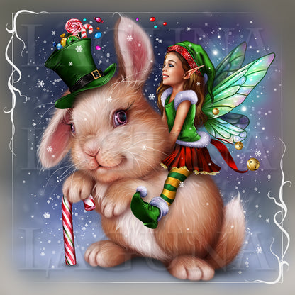 Christmas Elf Girl Riding a Bunny