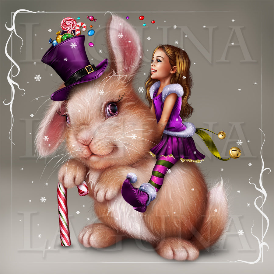 Christmas Elf Girl Riding a Bunny