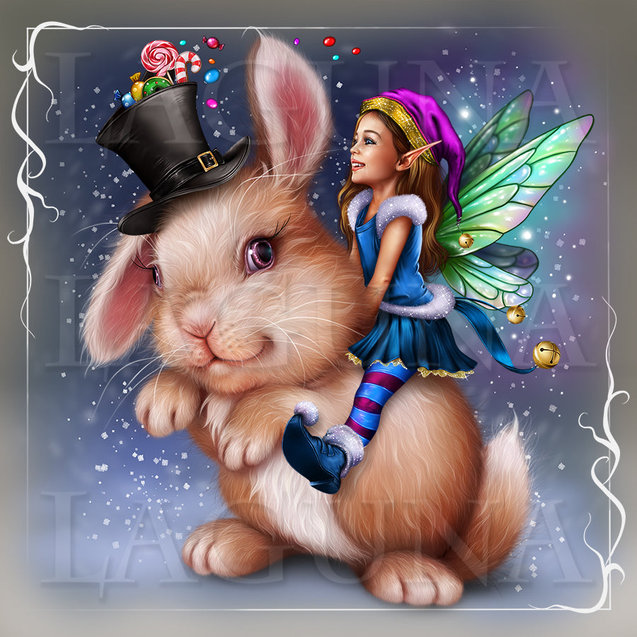 Christmas Elf Girl Riding a Bunny