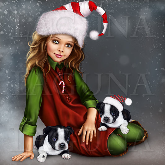 Christmas Elf Girl with Boston Terrier Puppy