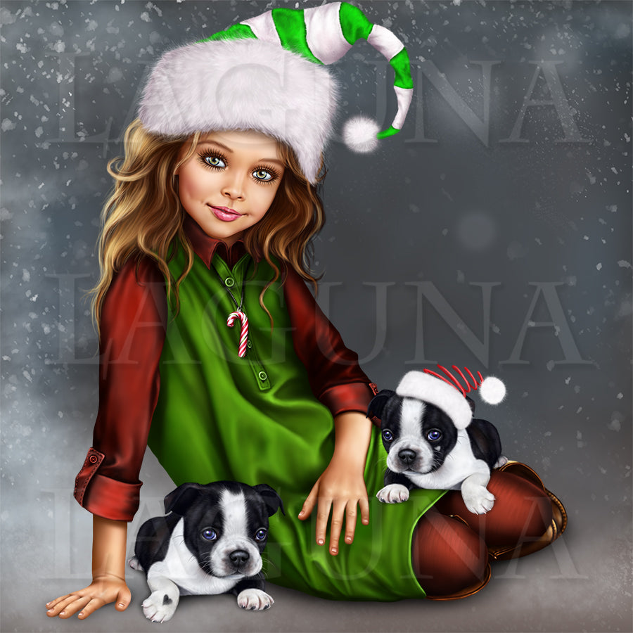 Christmas Elf Girl with Boston Terrier Puppy