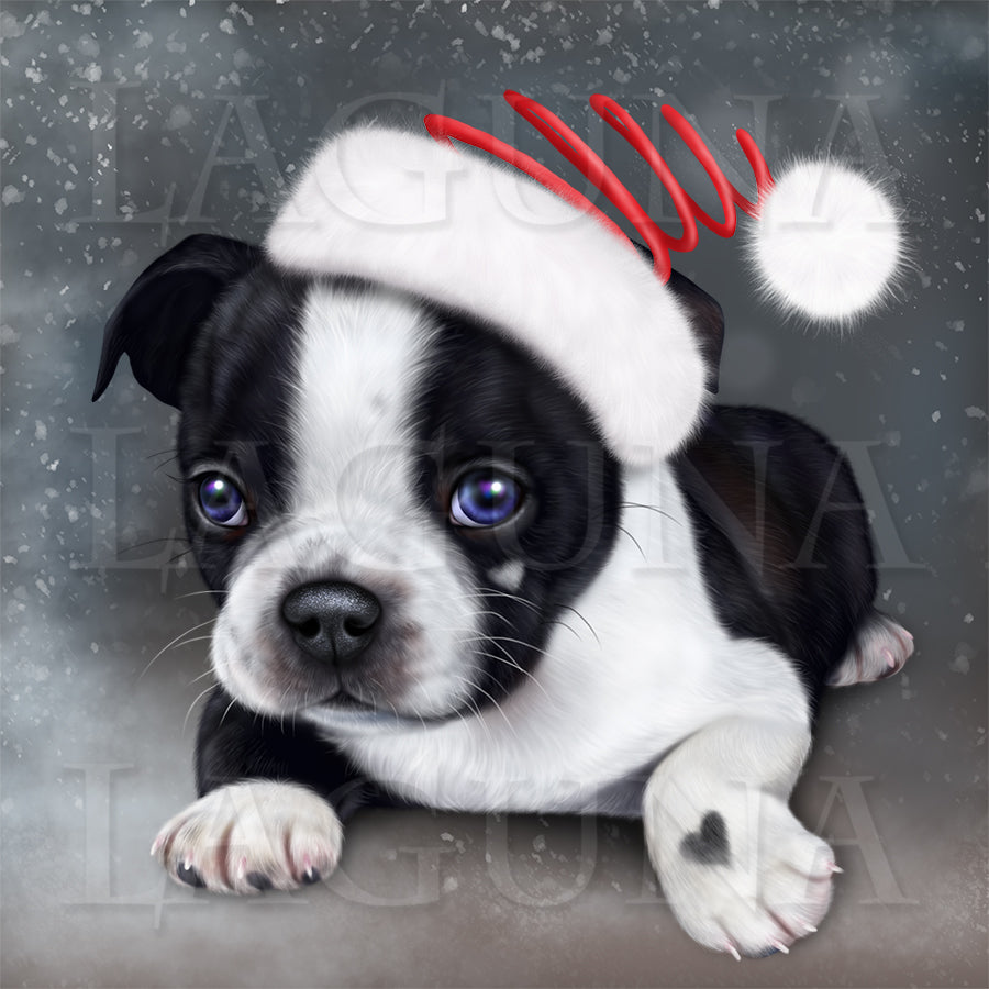 Christmas Elf Girl with Boston Terrier Puppy