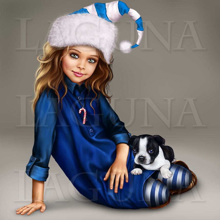 Christmas Elf Girl with Boston Terrier Puppy