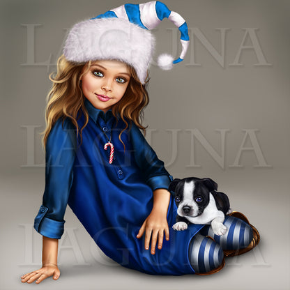Christmas Elf Girl with Boston Terrier Puppy