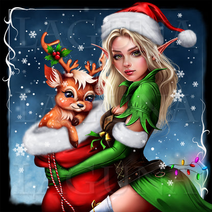 Christmas Elf Girl with Deer