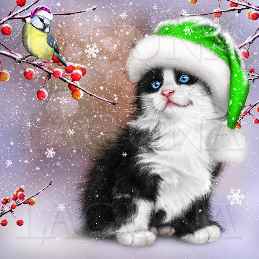 Christmas Kitten with Bird