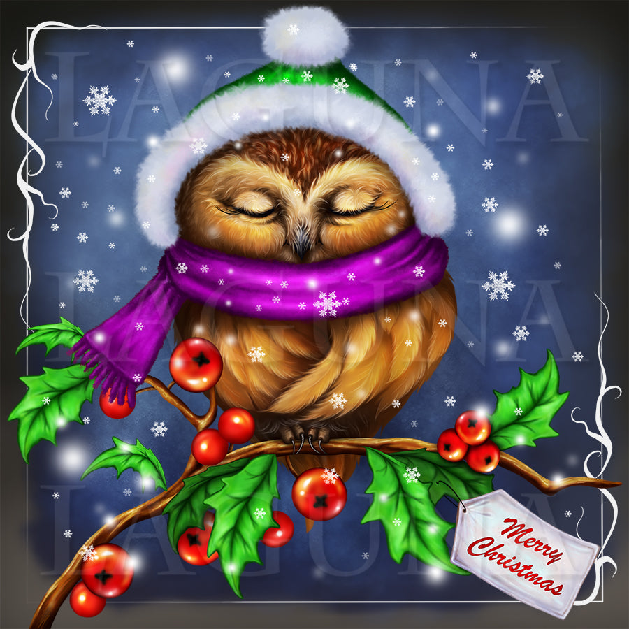 Christmas Owl Sleeping on Branch