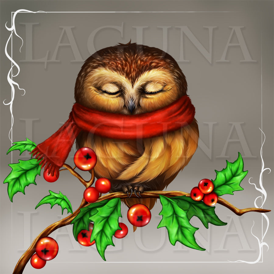 Christmas Owl Sleeping on Branch