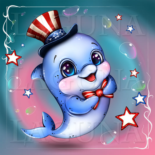 Cartoon kawaii dolphin wearing an American flag hat with stars and bubbles in the background