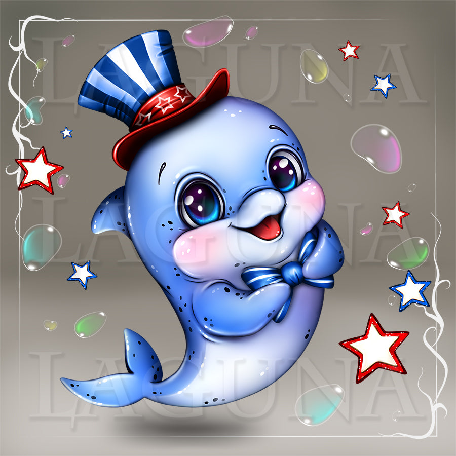 Cartoon dolphin wearing a hat with stars and bubbles on a gray background