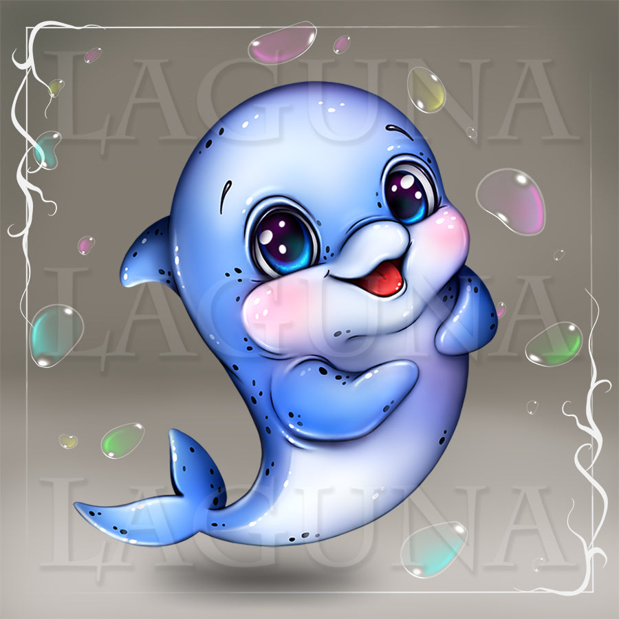 Cartoon blue dolphin with pink cheeks on a gray background.