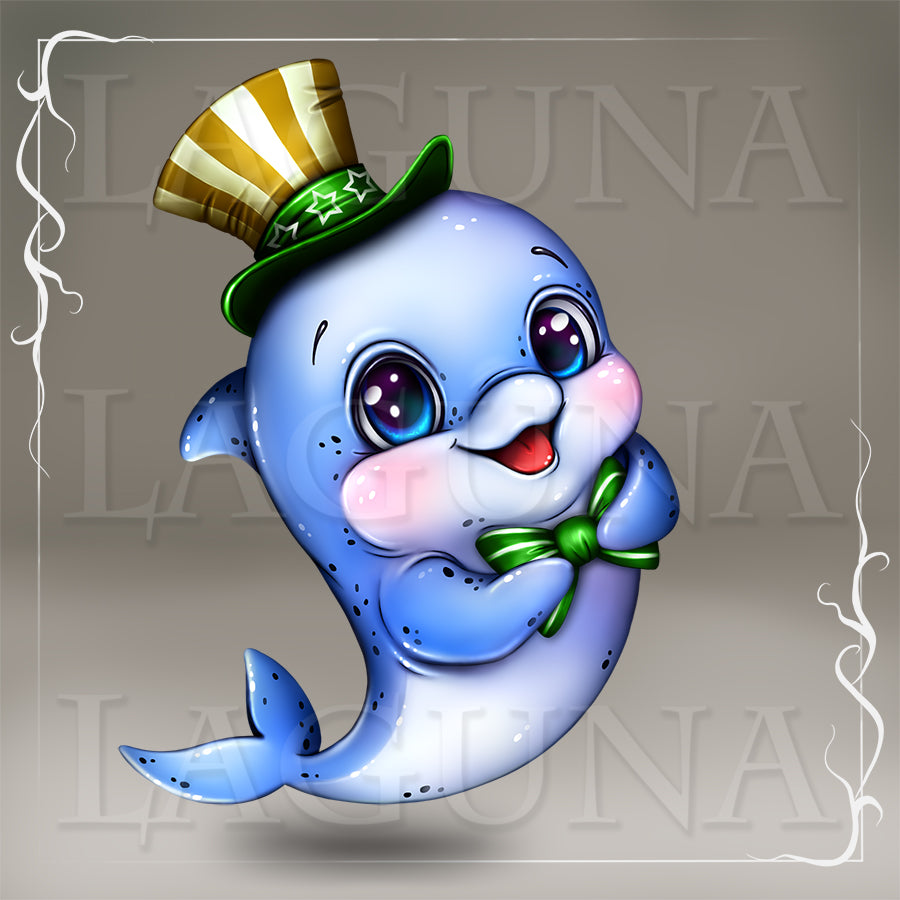 Cartoon dolphin wearing a top hat and bow tie on a gray background.