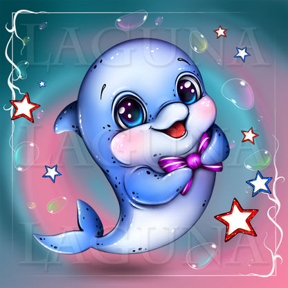 Cartoon dolphin with a bow tie on a colorful background