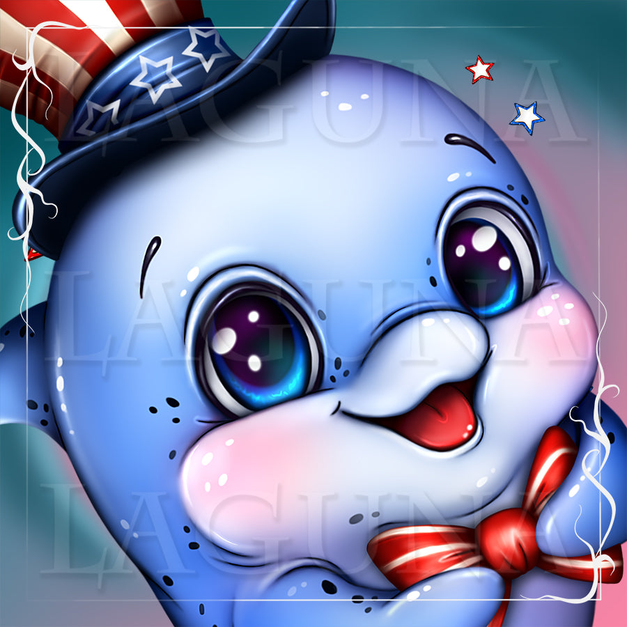 Cartoon kawaii dolphin wearing an American flag hat with stars and stripes on a colorful background.