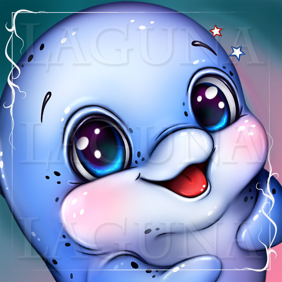 Close up of a kawaii baby dolphin  with large eyes and a smiling expression on a colorful background