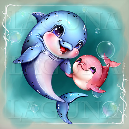 Two cartoon dolphins, one blue and one pink, on a light blue background with bubbles.