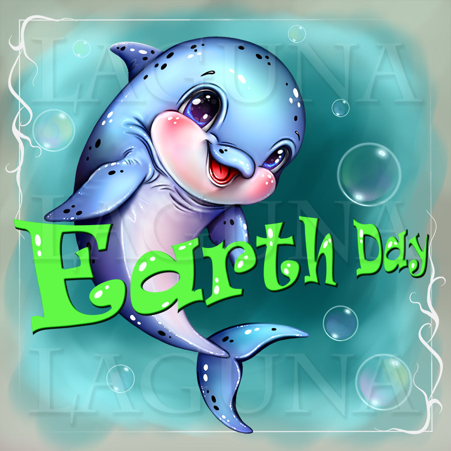 Cartoon dolphin with 'Earth Day' text on a blue background