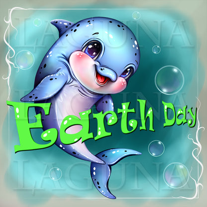 Cartoon dolphin with 'Earth Day' text on a blue background